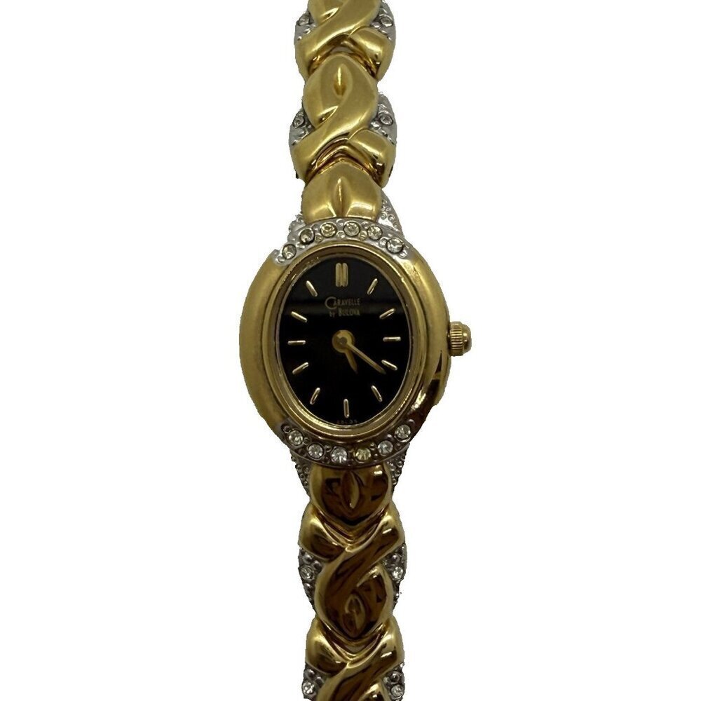 Vtg Caravelle by Bulova Quartz Womens Oval Watch Two Tone Black Face Rhinestones